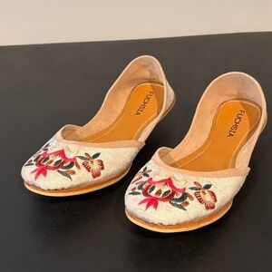 fuchsia handmade leather pink floral embroidered womens flats size 9 beige